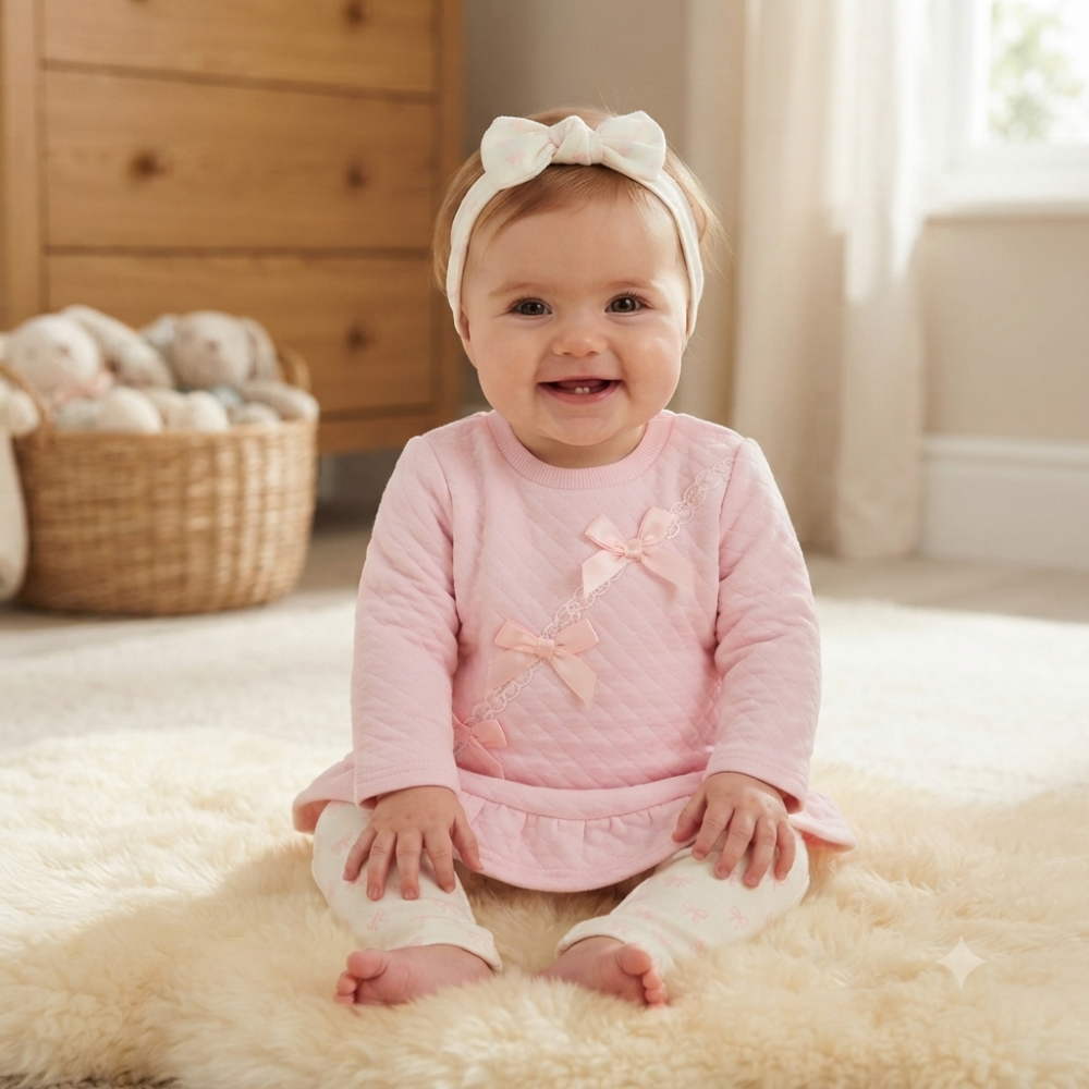 N14606: Baby Girls Quilted Dress, Legging & Headband Outfit (0-9 Months) N14606: Baby Girls Quilted Dress, Legging & Headband Outfit (0-9 Months)